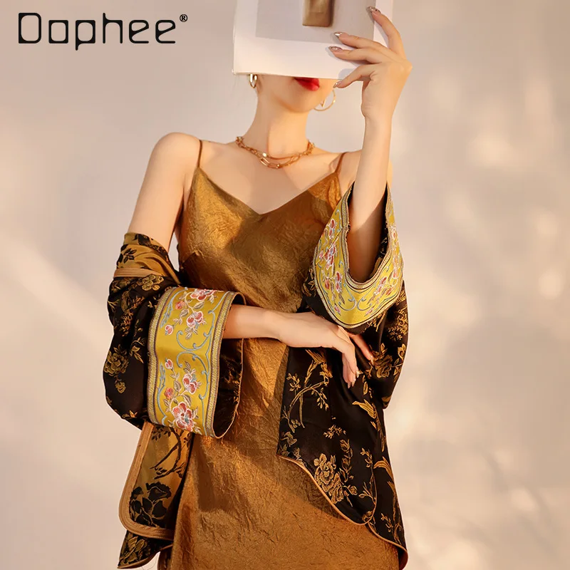 Retro Chinese Style Heavy Embroidery Floral High-End Jacket Loose V-Neck Patchwork Color Long Sleeve Light Luxury Loose Jackets