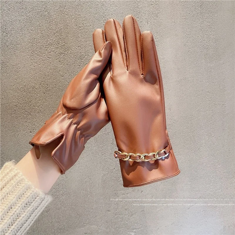 

Elegant Touchscreen Gloves Women's Autumn Winter Fashionable Metal Chain Design Protein Leather Five-Finger Classy Style