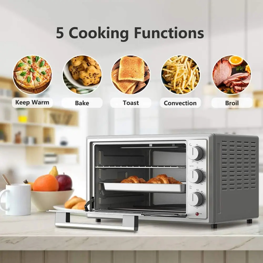 Countertop Toaster Oven, 42L Manual Stainless Steel, Pull Down Door Handle, 5 Cooking Programs, Minutes Timer, 1500W 120V