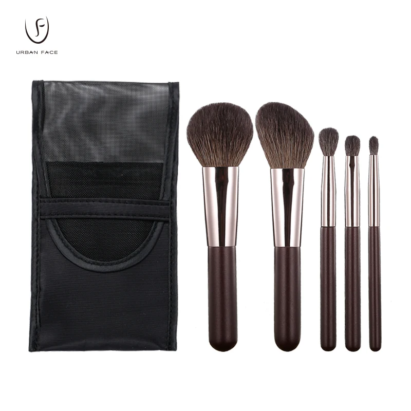 5pcs makeup brush set with storage case new style small goat hair matte black wooden handle double-end portable makeup brush