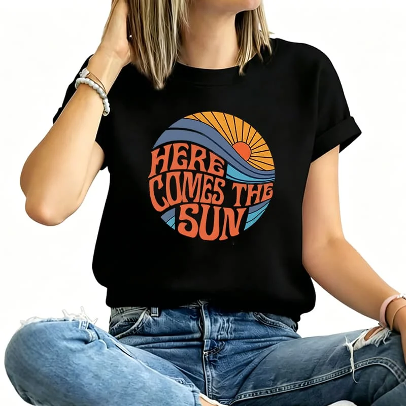 Here Comes the Sun Letter Print Women's T-Shirt 100% Cotton Funny Graphic Short Sleeve Tee Novelty Shirt Casual Crew Neck Top S-5Xl