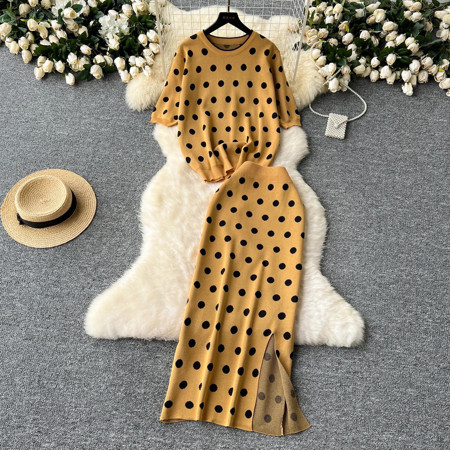 Korean Fashion Suit Female Autumn New Polka Dot Knitted Tshirt Tops +High Waist Split Midi Skirt Sets Knitwear 2 Piece Sets