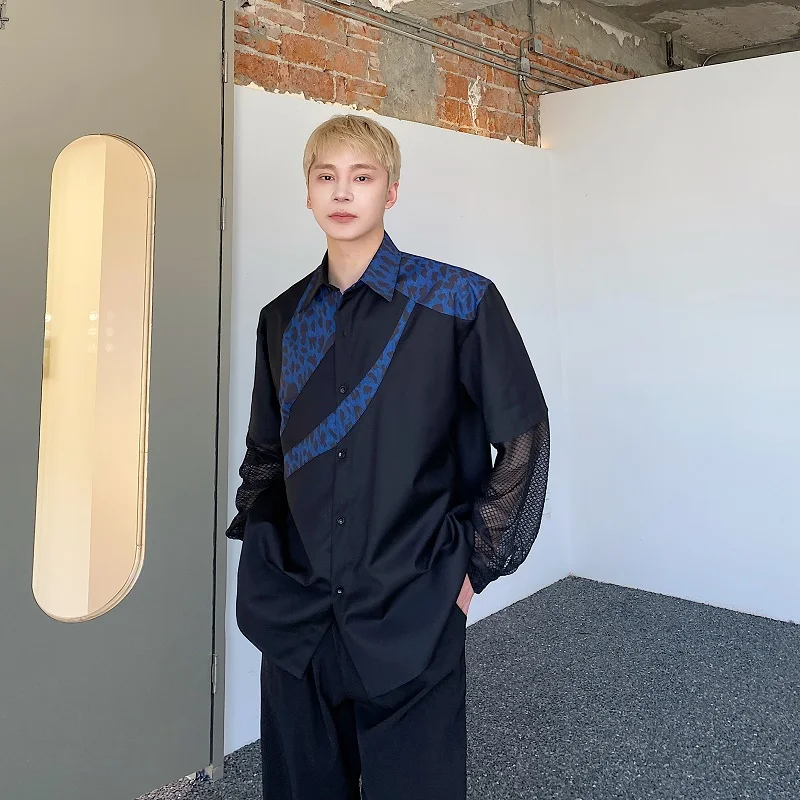 

Spring Season Floral Print Color Blo Long Sve Men's irt with Lace Sves Turn down Collar Casual Faionable Top