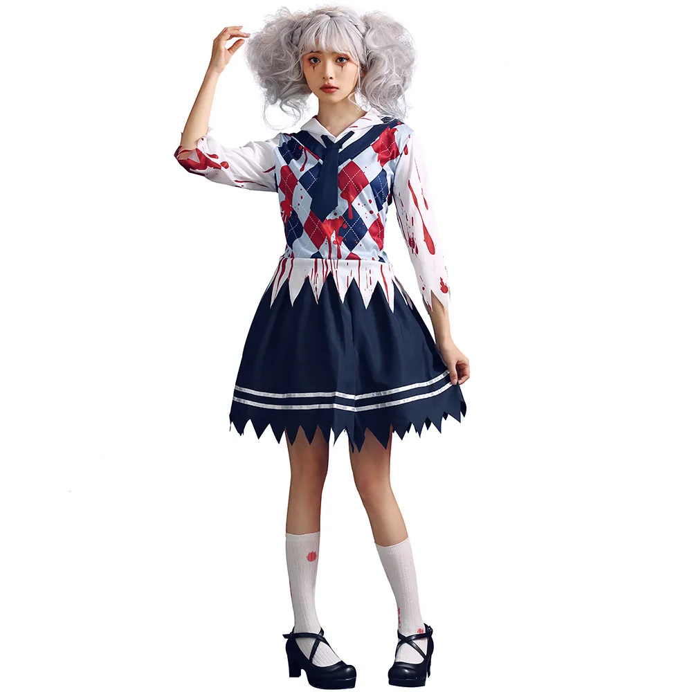 Bloodstained Student School Uniform Set for Women and Girls Halloween Cosplay Costume Scary Bloody Zombie Dress Vampire Costume