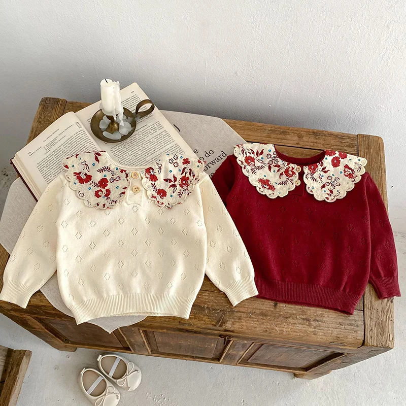 2024 nuovi vestiti per bambini autunnali neonate maglione a maniche lunghe Splicing Toddler Baby Girl Knitting Pullover top