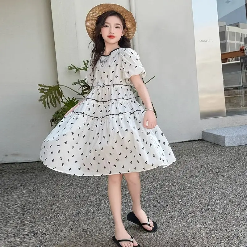 

Повседневная одежда для девочек, короткое бальное платье принцессы с бантом, многослойное платье 4, 8, 9, 12 лет, 2025 г., летние детские белые платья, детская одежда для подростков