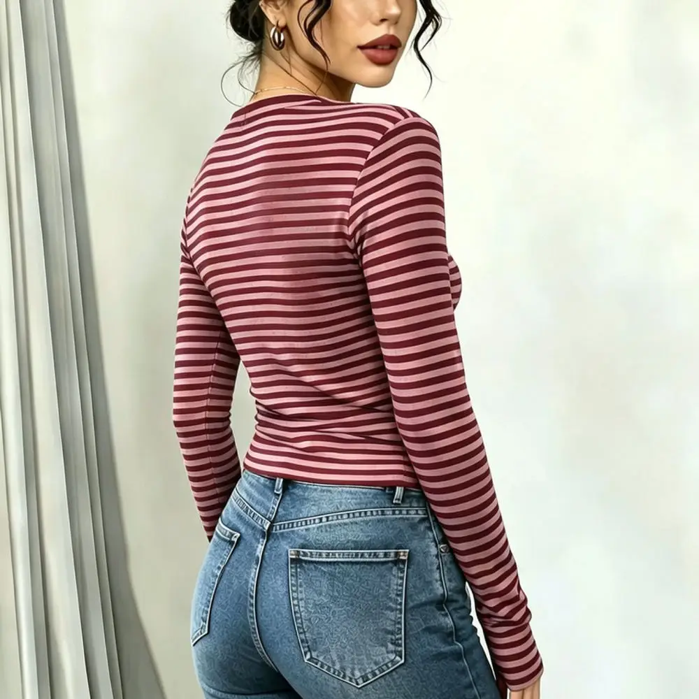 Casual Sexy Striped Off Shoulder Long Sleeve T Shirt Women Slim Fit Bandage Hem Vintage Aesthetic Fall Fashion Top