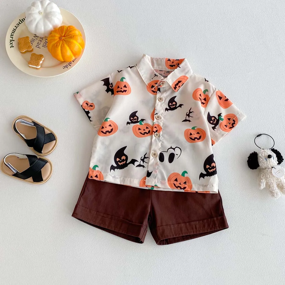

New Boys Halloween Pumpkin Ghostface Bat Print Shirt with Shorts 2 Piece Set, Toddler Halloween Set, Baby Boy Halloween Costumes