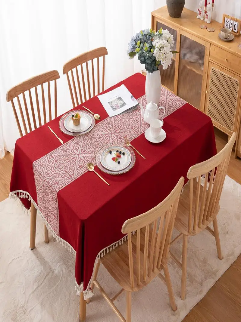 

Red Wedding Celebration New Year Polyester Tassel Tablecloth Tea Table Dining Table Cover Cloth Polyester Fiber