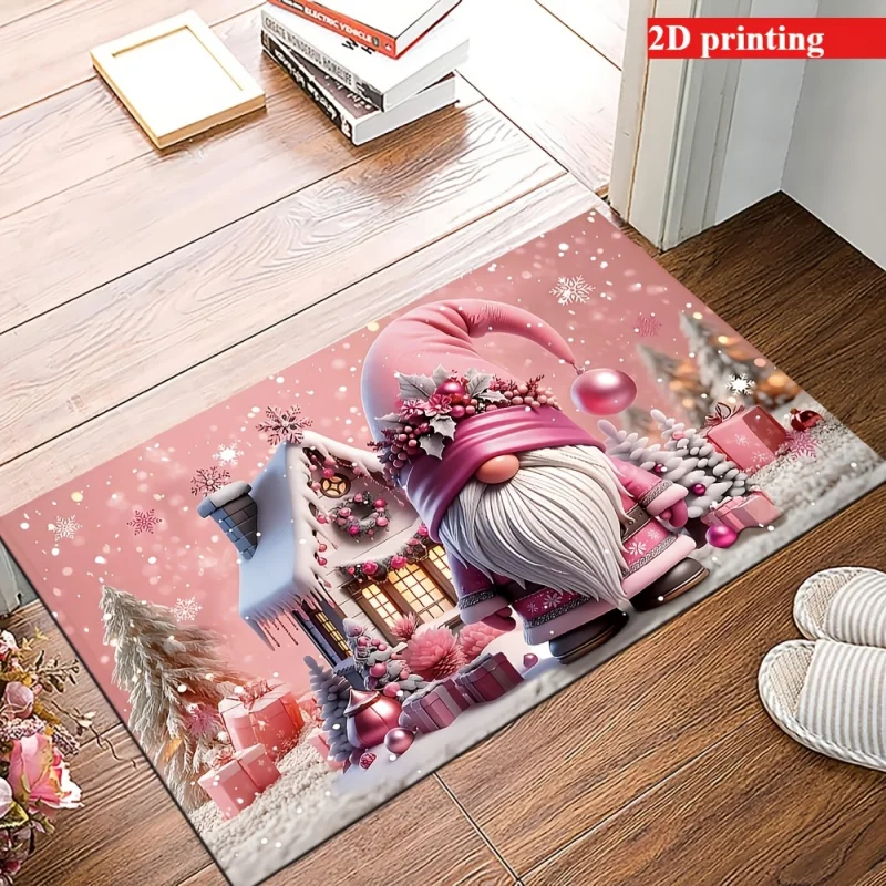 VIKAMA Pink Dwarf Christmas Welcome Doormat Winter Snow Scene Non-Slip Dirt-Resistant Mat Indoor Outdoor Entrance Rug Home Decor