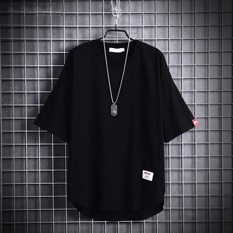 summer O neck solid color oversized tee male short sleeve loose casual all-match pullovers men korean fashion irregular t-shirt