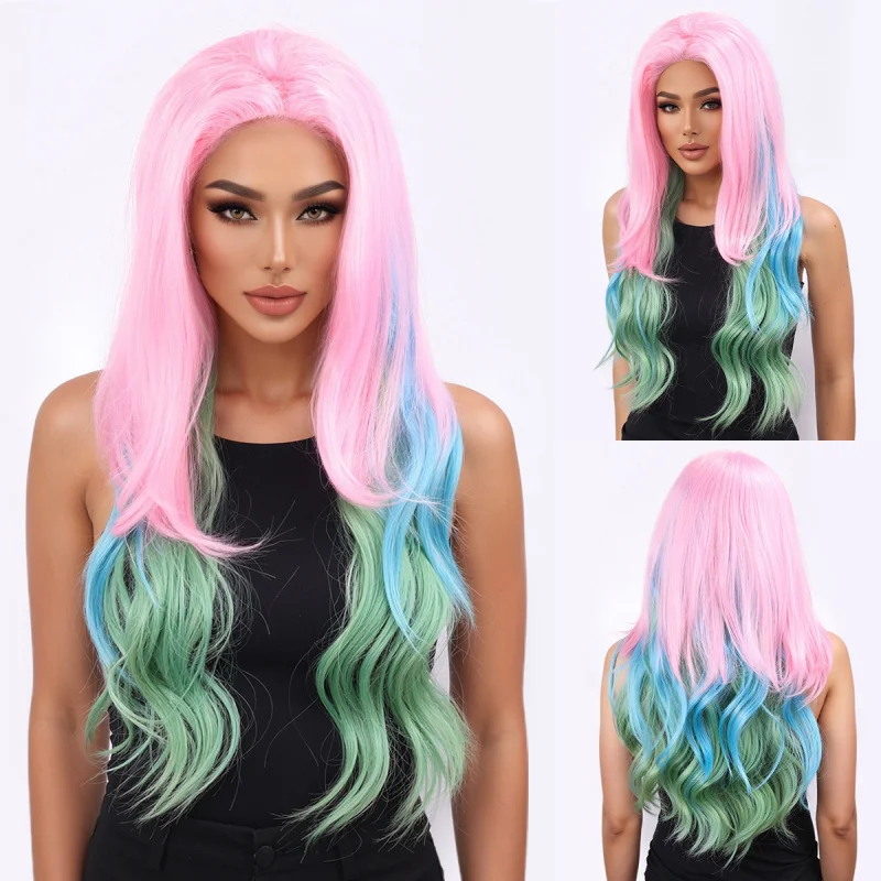 Colorful gradient , European and American cosplay with middle-parted bangs, simulated scalp, Halloween wig