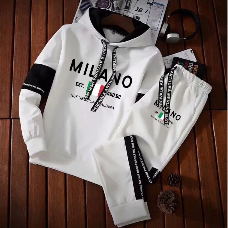 Conjunto de sudadera con estampado de letras Milano para hombre, sudaderas con capucha, pantalones de chándal, trajes de diseño, traje de Jogger,