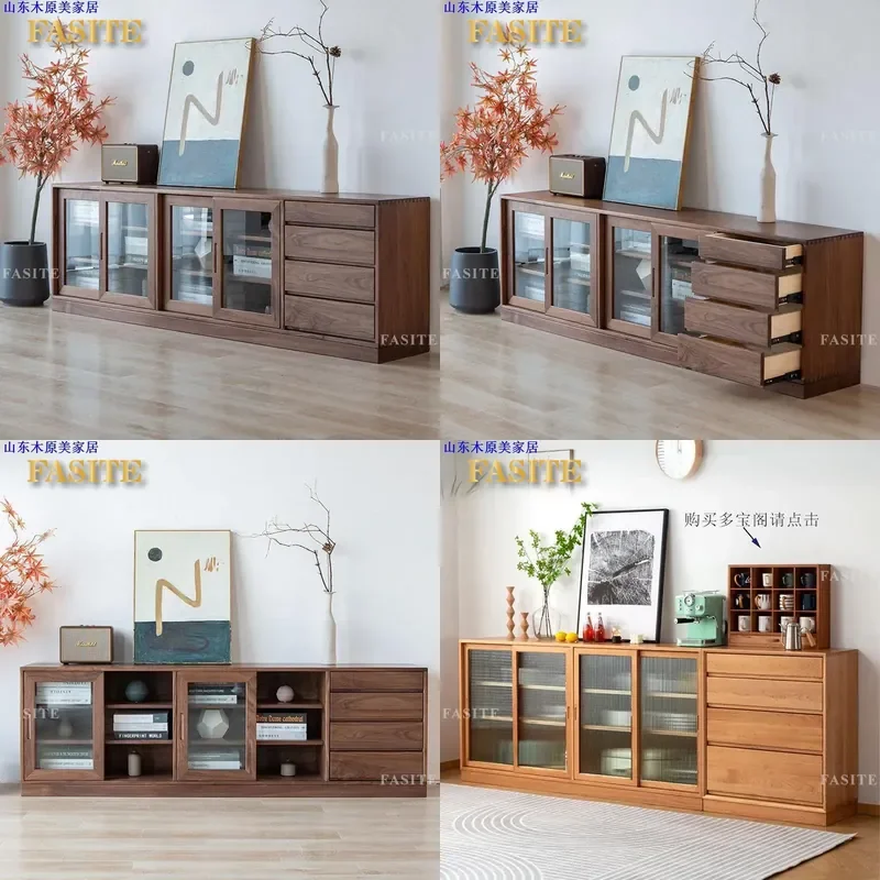 For Nordic Solid Wood Black Walnut Short Bookcase Simple Japanese Glass Bookshelf Floor Storage Locker