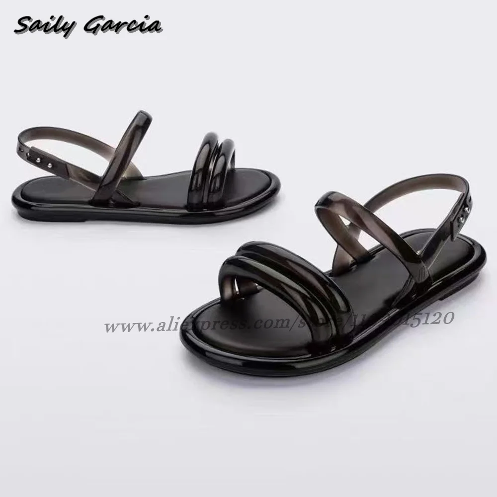 Open Toe PVC Water Proof Casual Sandal Flats Summer NEW Fashion Casual Beach Shoes One Word Belt Roman Shoes