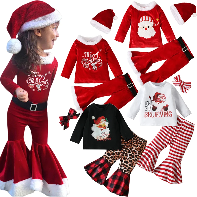 Children Christmas Santa Claus Costumes Clothes Tops Flared Pants Set Kids Santa Claus Xmas Outfit Birthday Party Clothings