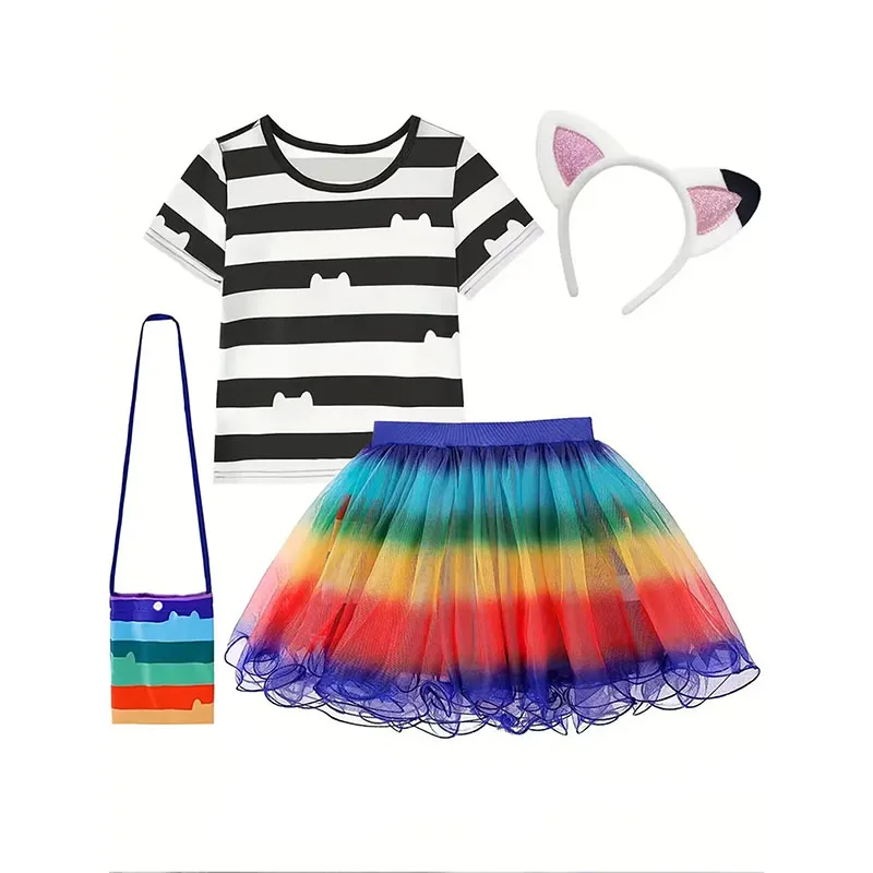 فتاة زي الهالوين 	 غابي الكرتون القط تي شيرت مطبوع + تنورة + حقيبة + رباط شعر مجموعات دمية كرنفال حفلة تأثيري زي تنكري لفتاة