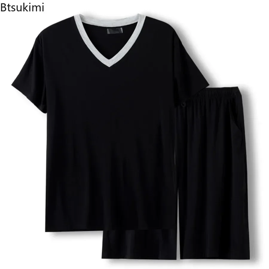 

Men's Summer Pajama Sets Soft Modal Short Sleeve V Neck Top Shorts Nightgown Color Block Loose Casual Home Wear Male Sleepwear