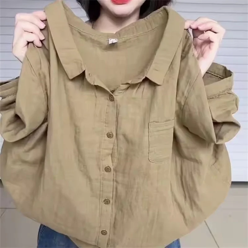 Camicia casual pura con risvolto a maniche a cinque punte alla moda Camicetta basic femminile estiva coreana versatile allentata e sottile