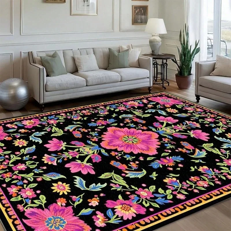 Newest Big Carpet Black Gold Vintage European Ornate Floral Large Washable Area Rug Non Slip Home Carpet