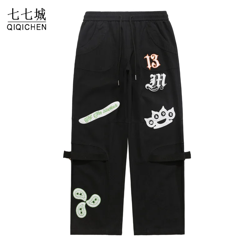 

High Street Pant Men Camouflage Letter Embroidery Hip Hop Harajuku Straight Denim Pants Male Loose Casual Trousers Unisex 2022