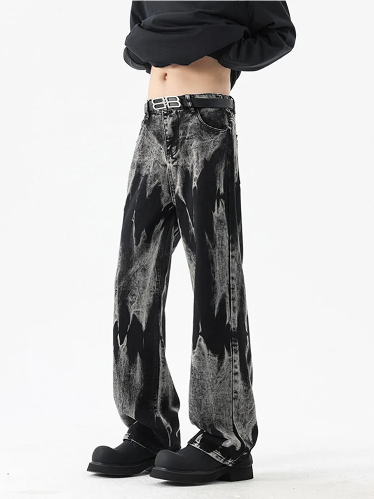 

High Waist Wide Leg Jeans Men's Autumn Winter American Vibe High Street Tie Dye Straight Leg Long Trousers Trendy Brand