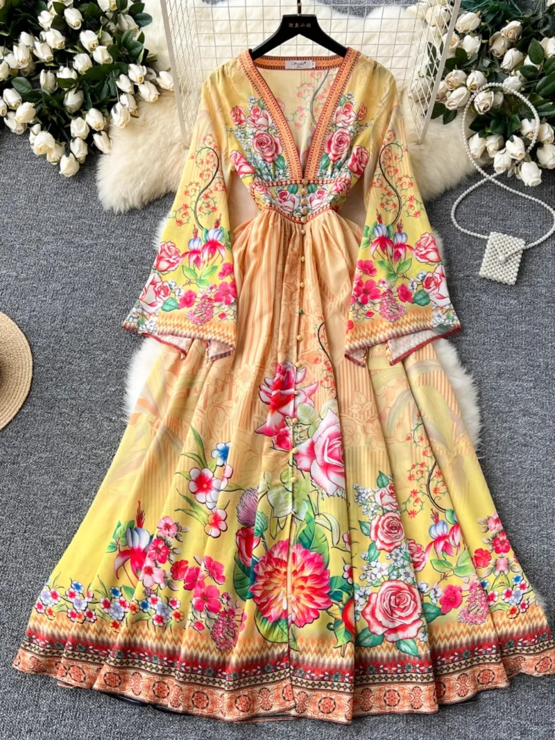 V Neck Flare Sleeve Flower Print Party Dresses Single-breasted Slim Robe Femme Occident Vintage Court Style High Grade Vestido