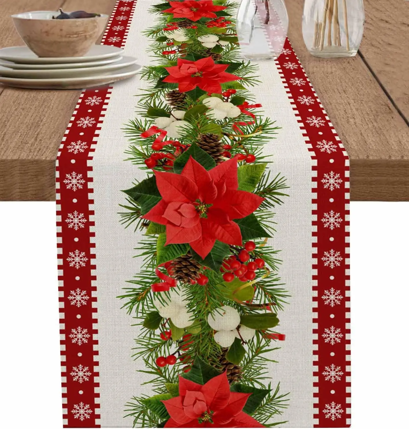 Christmas Poinsettia Flowers Pine Needles Linen Table Runner Party Decor Winter Xmas Dining Table Runners Christmas Decorations