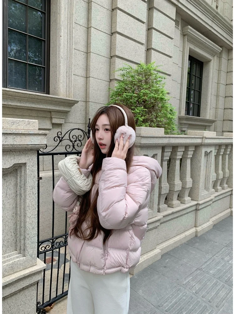 

Женская короткая пуховая куртка с капюшоном BBen, 90% белый пух, розовый узор в виде ребер, зимняя теплая повседневная куртка на молнии