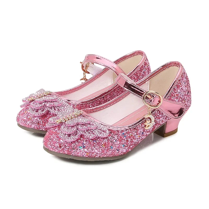 Spring Autumn Little Girl Leather Shoes Chic Butterfly Children's Shoes with Heels Fashion Versatile Kids Princess Wedding Shoes