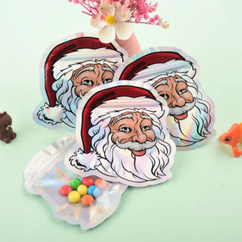 300PCS Flat Glossy Clear Laser Christmas Window Ziplock Bag DIY Logo Matcha Cocoa Snack Coffee Candy Storage Packaging Pouches