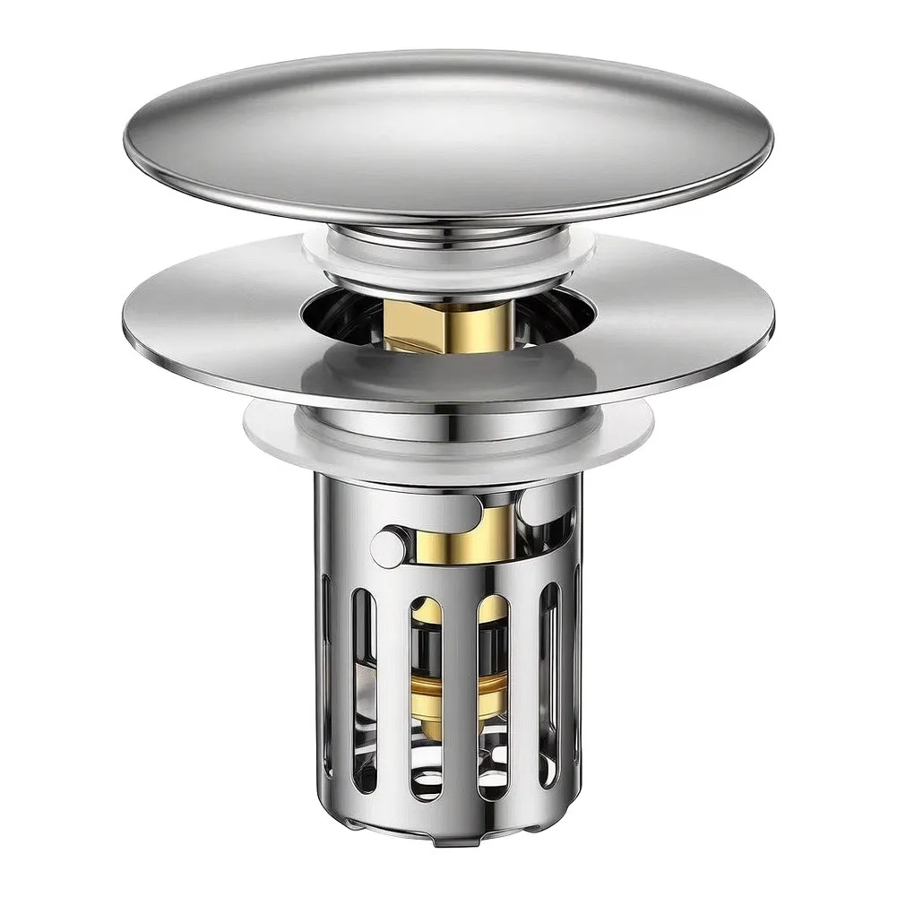 Bathroom Sink Stopper with Hair Catcher for US Standard Drains 1.1 to 2.36 Inches Chrome Stainless Steel Brass Core