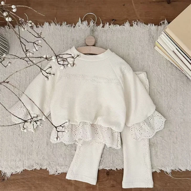 

2025 Spring New Baby Girl Long Sleeve Clothes Set Children Solid Lace Sweatshirt + Pants 2pcs Suit Cotton Toddler Girl Outfits