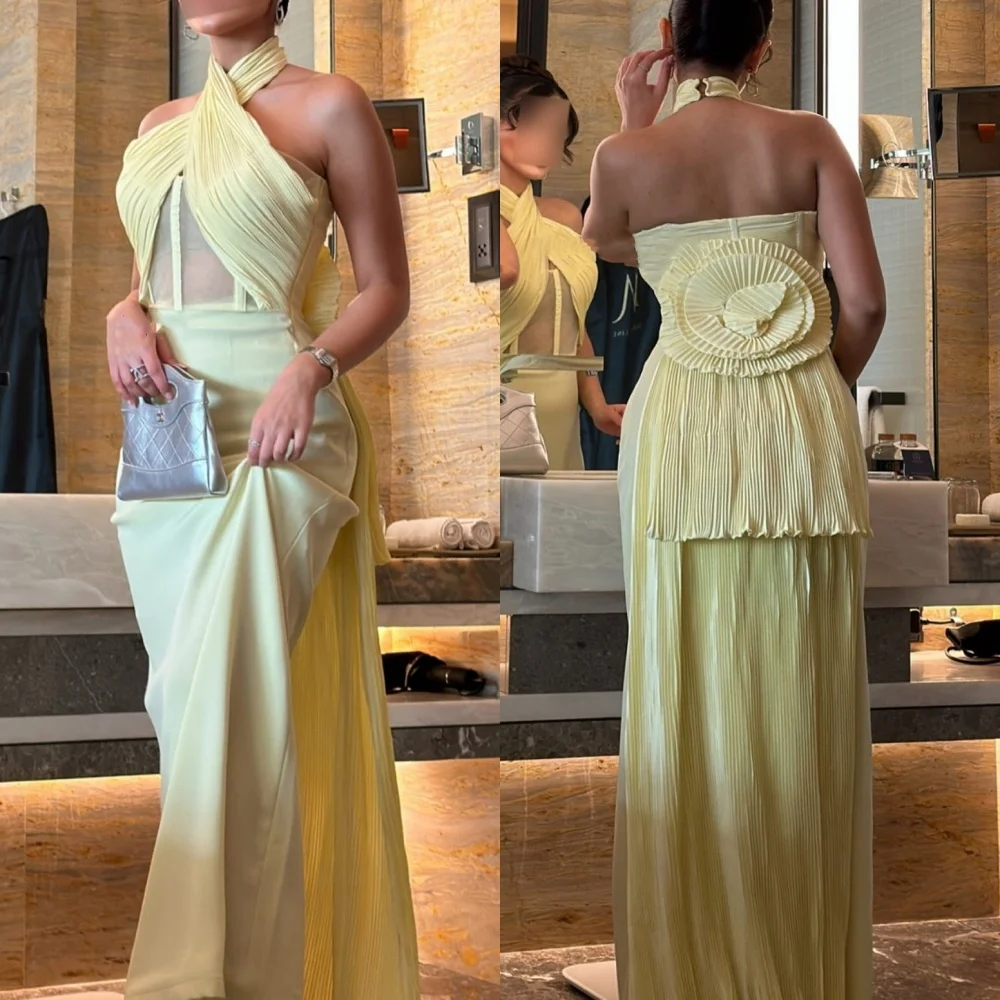 

Customized Fashion Formal Jersey Pleat Handmade Flower Ruched Draped Straight Halter Long Dresses Bespoke Occasion Dresses Retro