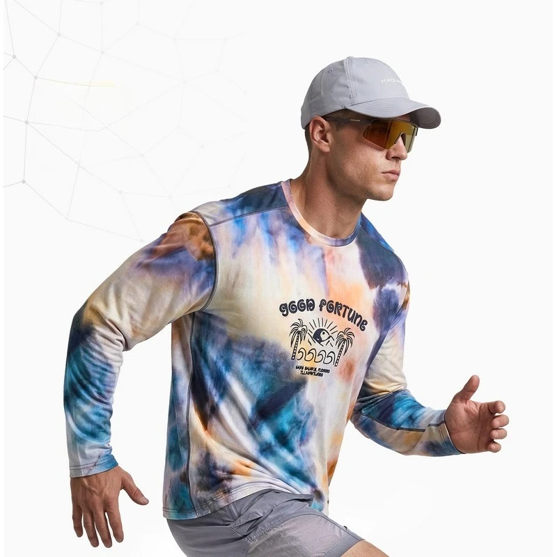Men's Tie-Dye Digital Print Long Sleeve Running T-Shirt High Stretch Breathable Quick Dry Athletic Top Unisex