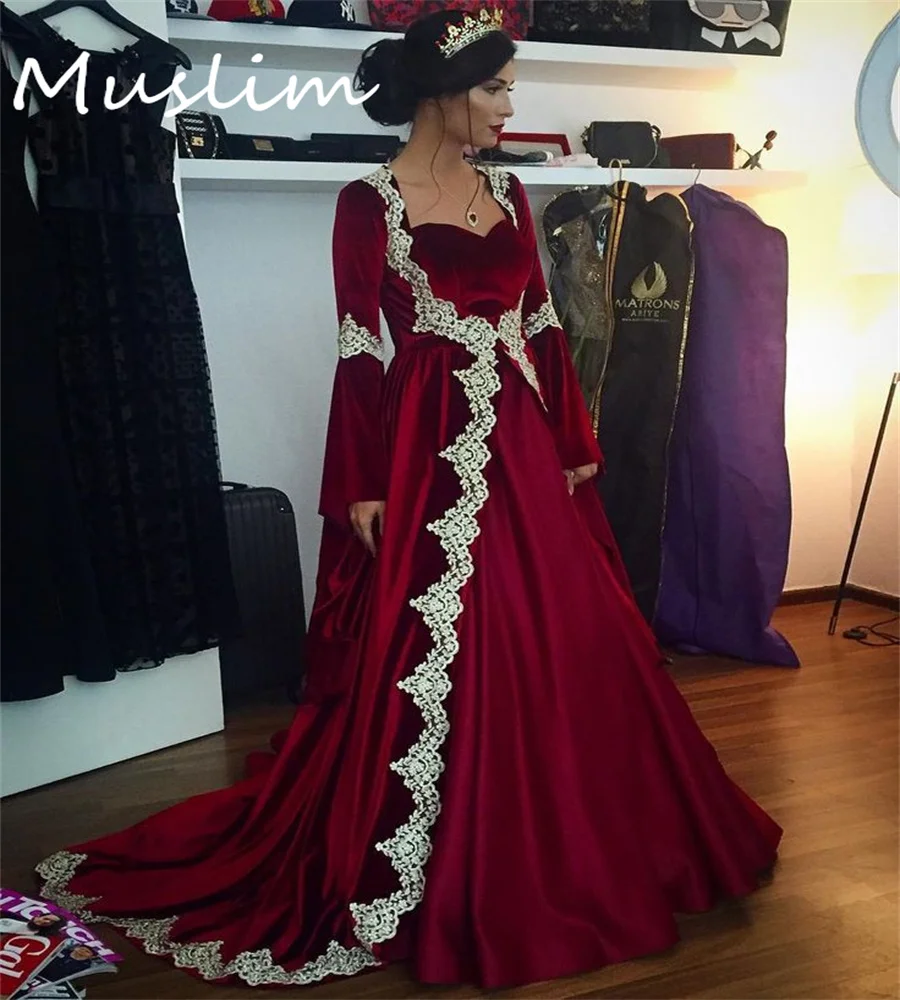 Vintage borgonha gótico vestido de casamento marroquino turco elegante árabe saudita muçulmano nupcial manga longa veludo noiva personalizado