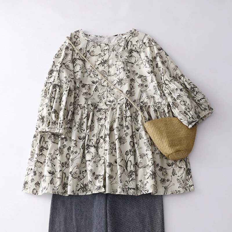 

Retro Floral Linen irt Women's Summer Design Unique Doll Top Single Scissors Label Versatile round Ne ort Sve Loose Fit