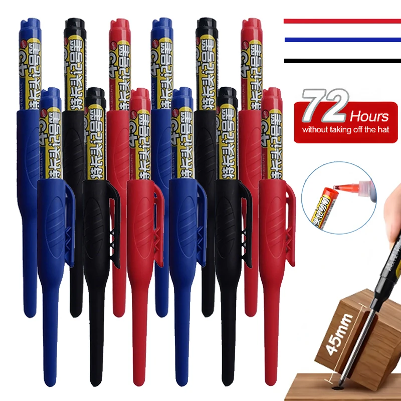 12 Uds. Rotuladores de cabeza larga con punta de 45mm, bolígrafo para marcar azulejos de perforación de carpintería negro/azul/rojo se puede llenar, para marcar agujeros profundos