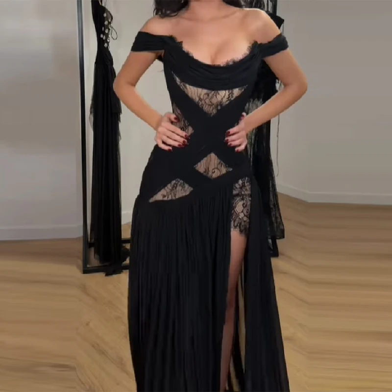 Retro Sexy Maxi Dress Off-shoulder Lace Cutout Chiffon High Slit Lady Formal Gowns Elegant Evening Party Women Trendy Wear