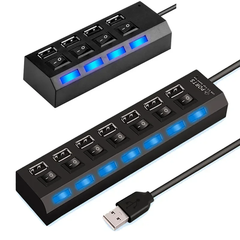 High Speed USB Hub 2.0 Adapter, Expansor, Multi USB Splitter, Extensor múltiplo, Interruptor de lâmpada LED para PC, Laptop, Novo, 4 portas, 7 portas