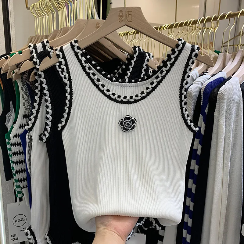 Women Summer Thin Curved Beads Knitted Vest Sleeveless Knit Camisole Tops Female O-Neck Outer Wear Inner Top Tank Rose