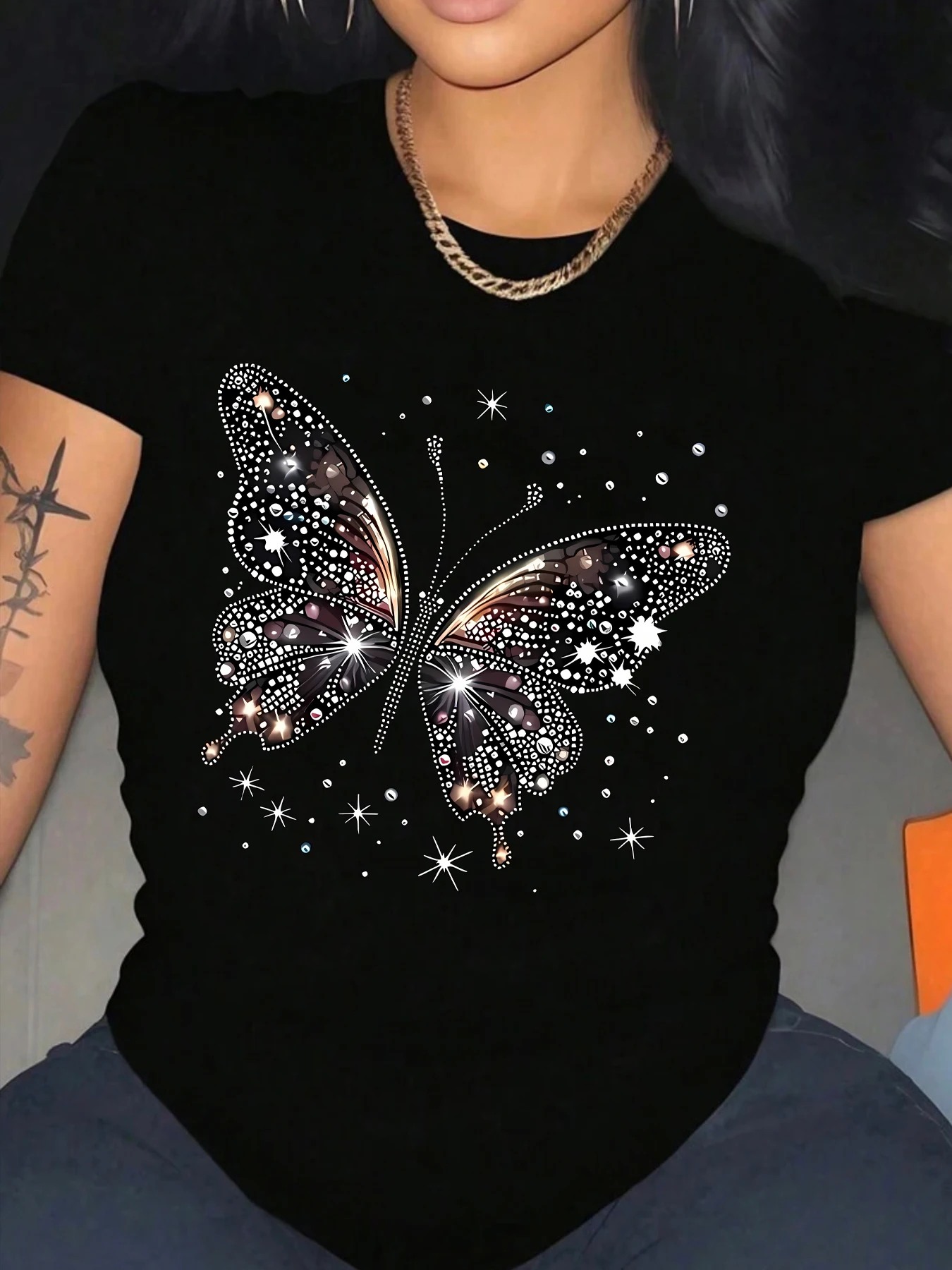 Kunst Schmetterlingsmuster Damen lässig Kurzarm T-Shirt Sommer täglich Mantel Modetrend Damenbekleidung