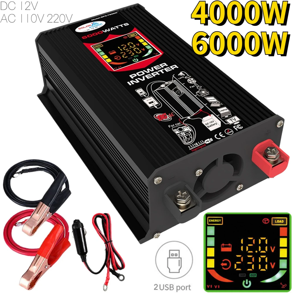 6000W/4000W Car Power Inverter Modified Sine Wave Dual USB Car Inverter Converter DC 12V to AC 110V/220V Voltage Transformer