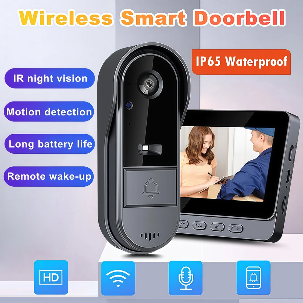 

M15S 1080P беспроводной водонепроницаемый видеодверной звонок 4,3-дюймовый IPS-экран инфракрасный дверной звонок ночного видения камера для семейной квартиры