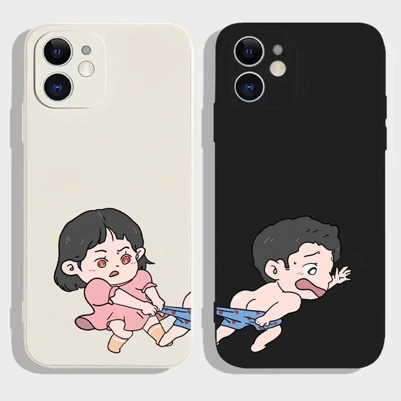 

Funny Cute Girl Boy Couple Phone Case For iPhone 16 13 15 11 12 14 Pro Max Mini Plus Paired Shockproof Silicone Cover Fundas Bag