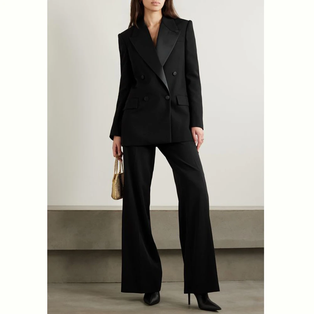 Luxury Navy Blue Black Suit for Women Double Breasted 2 Piece Jacket Pants Female Clothing Slim Fit Office Lady Blazer Set