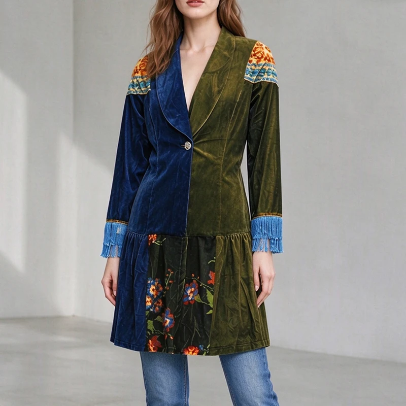 Women's Elegant Stylish Velvet Tassel Jacquard 2D Print Coat Patchwork Shawl Lapel Vintage Color Block Coat Carnival Outerwear