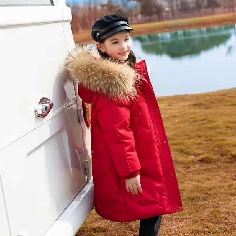 New Very Keep Warm Fashion Girls Jacket Long Style Big Fur Collar Detachable Hat Heavy Coat For 2-12 Years Kids