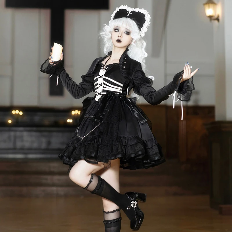 Dark Lolita Gothic Style Halloween Bow Sleeveless High Waist Short Dress Lace-up Long Sleeve Shawl Shirt Dwuczęściowy zestaw dla kobiet