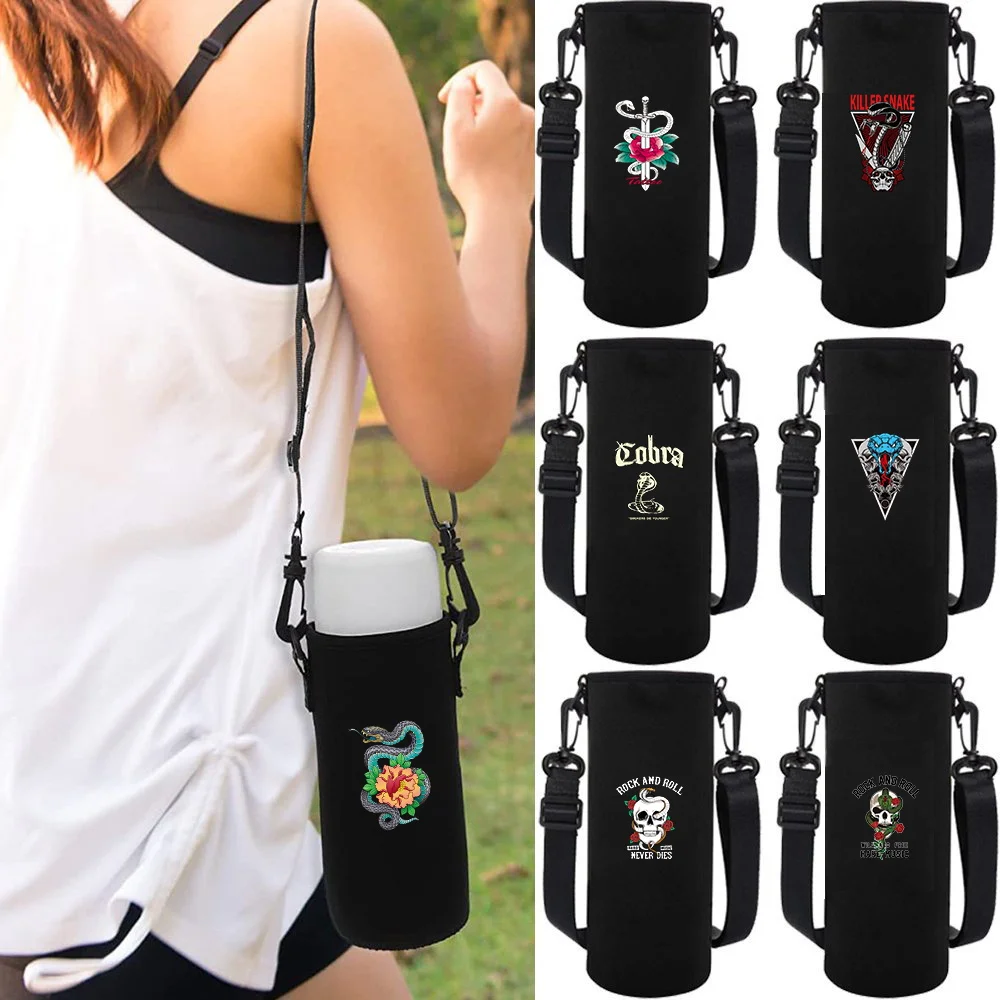 550-1500ML Insulated Water Bottle Sleeve Bag Cover Adjustable Strap Water Cup Case Outdoor Travel Accessories Cobra Pattern